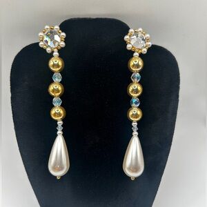 Vintage Long Crystal Pearl Dangle Earrings with Post Backs White and Gold
